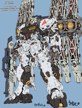 Rule 34 | absurdres, beam rifle, char's counterattack, commentary request, energy gun, exposed internal machinery, fins, full body, funnels (gundam), gundam, highres, holding, holding energy gun, holding shield, holding weapon, looking to the side, mecha, mecha focus, no humans, nu gundam, nu gundam double fin funnel type, robot, shield, shisaton., thrusters, vernier thrusters, weapon