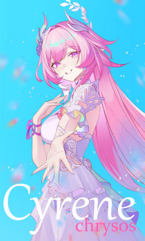 1girl absurdres breasts character_name commentary cyrene_(honkai:_star_rail) cyrene_(ripples_of_past_reverie)_(honkai:_star_rail) db_(geuze) diamond-shaped_pupils diamond_(shape) dress earrings flower hair_flower hair_ornament highres honkai:_star_rail honkai_(series) jewelry long_hair looking_at_viewer medium_breasts pink_hair pointy_ears purple_eyes reaching reaching_towards_viewer ring smile solo symbol-shaped_pupils very_long_hair wedding_ring white_dress