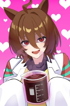 Rule 34 | 1girl, agnes tachyon (tach-nology) (umamusume), agnes tachyon (umamusume), ahoge, animal ears, black necktie, black shirt, brown hair, commentary request, hair between eyes, heart, heart background, highres, holding beaker, horse ears, horse girl, lab coat, looking at viewer, necktie, pink background, red eyes, reibun (raven1119), shirt, short hair, sleeves past wrists, solo, umamusume, upper body, vest, yellow vest