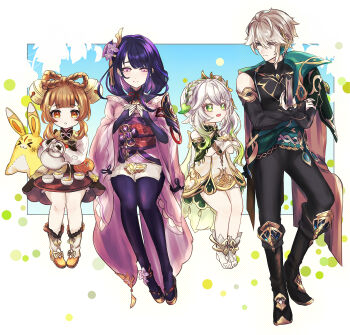 1boy 30_byou_suwa 3girls absurdres alhaitham_(genshin_impact) ancient_egyptian_clothes armlet armor bare_shoulders bell black_boots black_pants black_tank_top blunt_bangs blush boots bridal_gauntlets brown_hair capelet chinese_clothes clothing_cutout collared_capelet crossed_arms cup detached_sleeves dress eating fan_hair_ornament flower flower_ornament food friends genshin_impact gradient_hair green_capelet green_eyes grey_hair hair_bell hair_between_eyes hair_ornament hair_up happy headpiece highres holding holding_food holding_teapot japanese_clothes jewelry kimono leaning_back loli long_hair long_sleeves multicolored_hair multiple_girls muscular muscular_male nahida_(genshin_impact) napkin neck_ribbon off_shoulder open_mouth orange_eyes outdoors pants parted_lips pouring purple_eyes purple_flower purple_hair purple_kimono purple_thighhighs raiden_shogun red_ribbon red_sash ribbon sash shade shirt short_hair shoulder_armor shoulder_cutout side_ponytail sitting sky sleeveless sleeveless_shirt smile tank_top teacup teapot thighhighs thighs white_hair wooden_tray yaoyao_(genshin_impact) yuegui_(genshin_impact)