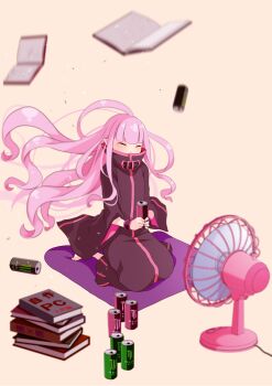1girl black_coat book can closed_eyes coat electric_fan floating_hair full_body highres holding holding_can kneeling long_hair motion_blur pink_background pink_hair pointy_ears re:zero_kara_hajimeru_isekai_seikatsu ryuzu_meyer solo ventilator very_long_hair wristband yasehattagi