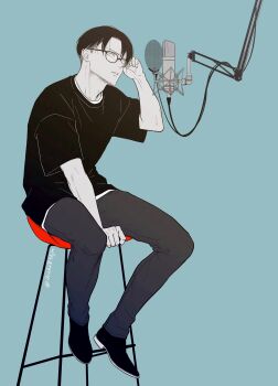 Rule 34 | 1boy, adjusting eyewear, alternate costume, arm up, black-framed eyewear, black hair, black shirt, black shoes, blue background, chair, commentary request, crew neck, full body, grey pants, highres, ikichi8tkjn, levi (shingeki no kyojin), male focus, microphone, pants, parted lips, shingeki no kyojin, shirt, shoes, short hair, short sleeves, simple background, sitting, solo, studio microphone, twitter username