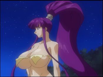 animated anime_screenshot bikini bouncing_breasts breasts eiken gigantic_breasts high_ponytail huge_breasts long_hair misono_kirika ponytail purple_hair smile sound swimsuit tagme very_long_hair video