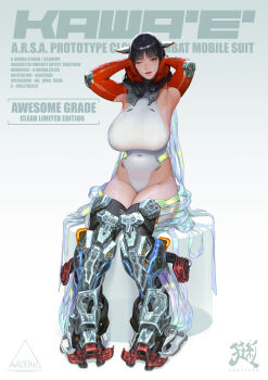 1girl absurdres animal_ears armored_boots armpits bare_hips black_hair blunt_bangs boots breasts character_name collar covered_navel crazyred fake_animal_ears gloves grey_eyes halter_leotard halterneck hands_on_own_face highleg highleg_leotard highres huge_breasts impossible_clothes impossible_leotard kawa'e_(crazyred) latex leotard long_hair looking_at_viewer mechanical_ears mechanical_legs metal_collar mole mole_under_eye one_eye_closed original parted_lips red_gloves red_sleeves science_fiction sideboob signature sitting skin_tight skindentation solo strap thick_thighs thigh_boots thighs white_background white_leotard