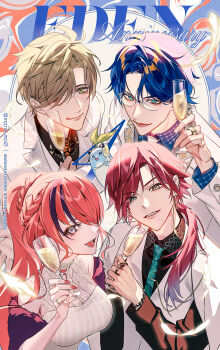 1girl 3boys :d ahoge alcohol anniversary bare_shoulders black_coat black_jacket black_shirt blue_eyes blue_hair blue_shirt bracelet braid breasts brown_hair chain chain_earrings champagne champagne_flute closed_mouth coat coat_on_shoulders collared_shirt commentary_request creature cup dress drinking_glass earrings eden-gumi english_text eyelashes falling_feathers feathers fur_shawl glasses green_eyes green_necktie highres holding holding_cup jacket jewelry lain_paterson large_breasts lauren_iroas leos_vincent licking_lips long_hair low_ponytail mameneko_(leos_vincent) manomenou multicolored_hair multiple_boys multiple_rings necktie nijisanji oliver_evans open_mouth orange_necktie parted_lips ponytail red_hair ring shawl shirt short_hair sleeveless sleeveless_dress smile streaked_hair tongue tongue_out twitter_username two-tone_hair upper_body virtual_youtuber white_dress white_feathers white_jacket white_necktie wine_glass