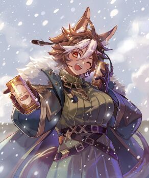 1girl ahoge animal_ear_fluff animal_ears belt black_belt blue_coat breasts brown_eyes brown_hair can coat commission dress fur-trimmed_coat fur_trim gloves hair_between_eyes holding holding_can horse_ears horse_girl horse_tail indie_virtual_youtuber litter1152 multicolored_hair open_clothes open_coat open_mouth ribbed_dress skeb_commission snowing solo star_(symbol) star_in_eye symbol_in_eye tail teeth tomoe_umari two-tone_hair upper_teeth_only virtual_youtuber white_hair