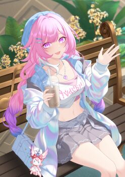 1girl absurdres blue_hat braid collarbone commentary cup cyrene_(honkai:_star_rail) cyrene_(nylon_japan)_(honkai:_star_rail) cyrene_(ripples_of_past_reverie)_(honkai:_star_rail) diamond-shaped_pupils diamond_(shape) disposable_cup gradient_hair grey_skirt hair_ornament hairclip hand_up hat heart heart_necklace highres holding holding_cup honkai:_star_rail honkai_(series) jacket jewelry long_hair looking_at_viewer low_twin_braids midriff multicolored_hair navel necklace official_alternate_costume on_bench open_mouth parallel_hairclips pink_hair pointy_ears purple_eyes sasaki3rd sidelocks sitting skirt smile solo symbol-shaped_pupils thighs twin_braids very_long_hair white_jacket