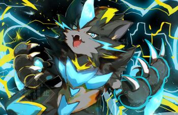 7aru_kk animal_ears animal_nose black_fur blue_eyes blue_fur body_fur cat claws electricity fangs furry gen_7_pokemon horns legendary_pokemon mega_pokemon mega_zeraora mythical_pokemon nintendo pokemon pokemon_(creature) single_horn spikes two-tone_fur v-shaped_eyes whiskers yellow_trim zeraora