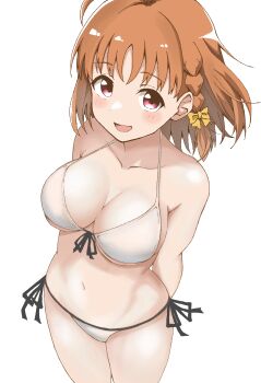 1girl arms_behind_back bikini braid breasts brown_hair cleavage commentary from_above front-tie_bikini_top front-tie_top highres love_live! love_live!_sunshine!! maho_ron1 medium_breasts orange_eyes short_hair side-tie_bikini_bottom side_braid simple_background single_braid smile solo swimsuit takami_chika white_background white_bikini