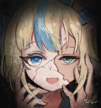 Rule 34 | 1girl, blonde hair, blue bow, blue eyes, blue streaks, blunt bangs, bow, broken mask, commentary, cracked kawaii mask, cracked mask, english commentary, fangs, hair bow, hands on own face, highres, indie virtual youtuber, looking at viewer, mask, morted art, multicolored hair, open mouth, sameko saba, skin fangs, solo, streaked hair, virtual youtuber