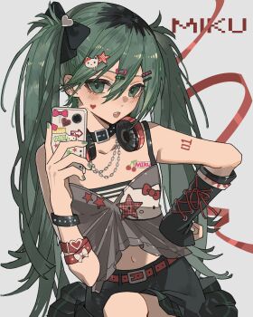 1girl aqua_eyes aqua_hair asymmetrical_gloves bare_shoulders belt belt_collar black_skirt bow camisole cellphone chain chain_necklace character_name character_name_tattoo chouti_ttt collar cowboy_shot cross-laced_clothes cross-laced_gloves crossed_legs decora fingerless_gloves gloves grey_background grey_camisole grey_shirt hair_bow hair_ornament hand_on_own_hip hatsune_miku headphones headphones_around_neck heart heart_hair_ornament heart_on_cheek hello_kitty_hair_ornament hello_kitty_print highres holding holding_phone jewelry long_hair looking_at_viewer midriff mirror_selfie multicolored_hair multiple_hair_clips multiple_wristbands necklace number_tattoo open_mouth phone pleated_skirt red_belt roots_(hair) selfie shirt simple_background single_fingerless_glove skirt solo spaghetti_strap star_(symbol) star_hair_ornament star_print striped_blush striped_clothes striped_shirt tattoo twintails vocaloid wrist_belt