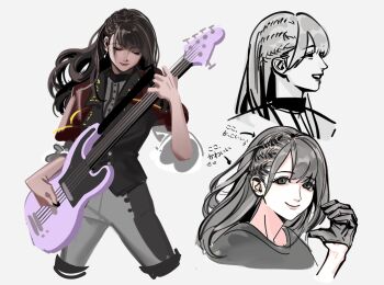 Rule 34 | 1girl, 5-string bass guitar, atreedown, bang dream!, bang dream! it's mygo!!!!!, bass guitar, black eyes, black hair, black pants, black vest, braid, capelet, closed mouth, extended range bass guitar, guitar, highres, holding, holding phone, instrument, long hair, music, okada mei, open mouth, pants, phone, playing guitar, playing instrument, red capelet, simple background, timoris (bang dream!), translation request, two-tone pants, vest, voice actor, voice actor connection, white background, white pants, yahata umiri