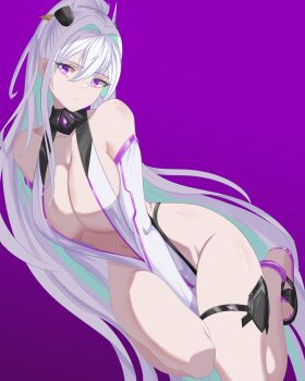 1girl absurdres android artknight045 azur_lane bare_hips bare_shoulders breasts china_dress chinese_clothes commentary_request curvy dress elbow_gloves gloves groin highres kearsarge_(azur_lane) kearsarge_(springtime_monitoring)_(azur_lane) large_breasts long_hair multicolored_hair navel official_alternate_costume open_clothes open_dress pelvic_curtain purple_background purple_hair robot_girl sandals solo thick_thighs thigh_strap thighs very_long_hair white_hair