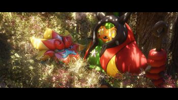 3d :o against_tree bright_pupils club club_(weapon) commentary_request dappled_sunlight fangs flower freasaloz grass highres letterboxed mask nintendo ogerpon ogerpon_(hearthflame_mask) open_mouth outdoors pokemon pokemon_(creature) pokemon_focus realistic sitting solo source_filmmaker_(medium) spiked_club star-shaped_pupils star_(symbol) sunlight symbol-shaped_pupils tree unworn_mask weapon white_pupils yellow_eyes