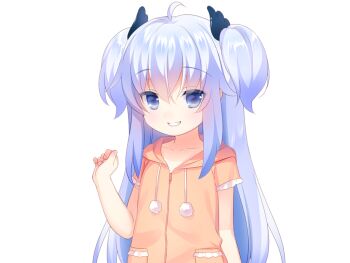 1girl ahoge blue_eyes blue_hair collarbone drawstring game_cg grin hair_between_eyes hand_up harem_futago_lolita hood hood_down hoodie large_variant_set long_hair looking_at_viewer non-web_source orange_hoodie orange_pajamas pajamas pom_pom_(clothes) short_sleeves sidelocks simple_background smile solo sunao_(harem_futago_lolita) tachi-e transparent_background two_side_up usashiro_mani variant_set