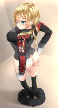 10s 1girl anchor_hair_ornament aqua_eyes ass black_ribbon black_skirt blonde_hair blue_eyes blush breasts butt_crack cross female_focus gloves hair_ornament highres iron_cross kantai_collection large_breasts long_hair low_twintails military military_uniform mooning oekakizuki panties panty_pull prinz_eugen_(kancolle) ribbon shiny_skin skirt smile solo thighhighs twintails underwear undressing white_gloves white_panties