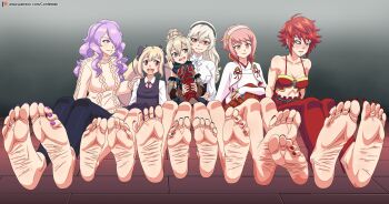 6+girls barefoot black_bow blonde_hair bow breasts camilla_(fire_emblem) cleavage commentary confettish drill_hair elise_(fire_emblem) english_commentary feet female_corrin_(fire_emblem) female_kana_(fire_emblem) fire_emblem fire_emblem_fates foot_focus grey_hair hair_bow hair_bun hair_over_one_eye hairband half-siblings highres hinoka_(fire_emblem) japanese_clothes long_hair mother_and_daughter multiple_girls nintendo open_mouth pink_hair pointy_ears purple_eyes purple_hair red_eyes red_hair sakura_(fire_emblem) short_hair siblings single_hair_bun sisters soles toes twin_drills wavy_hair