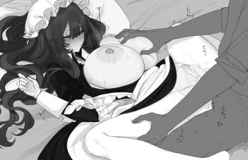 1boy 1girl blush breasts breasts_out closed_eyes commentary_request crotchless crotchless_pantyhose cum cum_on_body cum_on_crotch dress drooling eurasia_(wtp09ptw14) francoise_(eurasia) gloves grabbing_another&#039;s_breast greyscale groping hair_between_eyes hat hetero highres huge_breasts long_bangs long_hair long_sleeves lying missionary mob_cap monochrome nipples on_back on_bed open_clothes open_dress original pantyhose parted_lips saliva sex sleep_molestation sleeping solo_focus spread_legs translation_request