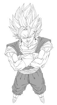 1boy boots commentary_request crossed_arms dougi dragon_ball dragonball_z earrings from_above full_body gloves greyscale highres homelanderrr jewelry male_focus monochrome muscular muscular_male parted_lips potara_earrings sash shirt simple_background smirk solo spiked_hair super_saiyan super_saiyan_1 vegetto white_background