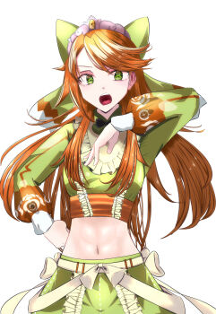 1girl abs absurdres black_bow black_bowtie bow bowtie breasts commentary_request cowboy_shot crop_top etie_(fire_emblem) fire_emblem fire_emblem_engage gem green_bow green_eyes green_shirt green_skirt hair_between_eyes hair_bow hand_on_own_hip hand_up highres long_hair long_sleeves looking_at_viewer medium_breasts midriff navel nintendo open_mouth orange_gemstone orange_hair partial_commentary shirt simple_background single_sidelock skirt solo standing swept_bangs teeth tiara ulu1010 upper_teeth_only white_background