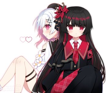 2girls armband beret black_hair black_hat black_shirt black_skirt closed_mouth collared_shirt commentary_request crown feet_out_of_frame flower hair_flower hair_ornament hat heart highres knees_up long_hair long_sleeves looking_at_viewer mahou_shoujo_no_majo_saiban multicolored_hair multiple_girls necktie nikaido_hiro pink_eyes pink_hair pleated_skirt profile red_armband red_eyes red_flower red_necktie sakuraba_ema shikito_(yawa0w0) shirt short_hair sitting skirt white_background white_flower white_hair x_hair_ornament