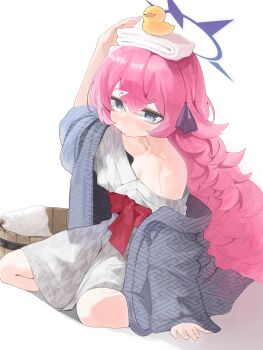 1girl absurdres alternate_costume bare_shoulders bath_yukata blue_archive bucket commentary_request fluffy_hair full_body grey_eyes grey_kimono halo highres iroha_(blue_archive) japanese_clothes kimono long_hair off_shoulder purple_halo red_hair rokun rubber_duck sayagata sitting solo towel towel_on_head white_background wooden_bucket yagasuri yukata