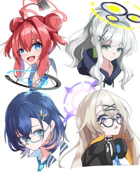 4girls :d absurdres ahoge aqua-framed_eyewear aqua_eyes black-framed_eyewear black_hoodie black_jacket blonde_hair blue_archive blue_eyes blue_hair blue_halo blue_necktie chihiro_(blue_archive) closed_mouth collared_shirt commentary_request core1013 cropped_shoulders cross_hair_ornament double_bun glasses green_eyes grey_hair hair_bun hair_intakes hair_ornament halo hare_(blue_archive) headphones headphones_around_neck highres hood hoodie jacket kotama_(blue_archive) long_hair looking_at_viewer maki_(blue_archive) medium_hair multiple_girls necktie open_mouth ponytail purple_halo rabbit_hair_ornament red_hair red_halo semi-rimless_eyewear shirt sidelocks simple_background smile under-rim_eyewear veritas_(blue_archive) white_background white_shirt yellow_halo