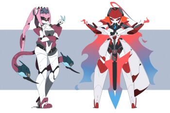 ahoge animal_ear_fluff animal_ears artist_glove ascot beret black_tube_top blue_fire blue_hair breasts cleavage coat colored_inner_hair deevious_deevi dress elizabeth_rose_bloodflame elizabeth_rose_bloodflame_(1st_costume) eyeshadow fire fire_on_chest full_body garter_straps gloves goggles goggles_on_head greatsword hair_intakes hair_ornament hat highres hololive hololive_english huge_ahoge joints large_breasts long_hair looking_at_viewer makeup mechanical_hair mechanization metal_hair metal_skin multicolored_hair multiple_girls panther_ears panther_girl panther_tail pink_coat pink_eyeshadow pink_hair pink_tail raora_panthera raora_panthera_(1st_costume) red_eyes red_hair robot robot_girl robot_joints single_garter_strap smile strapless streaked_hair sword tail thighhighs thorn_(elizabeth_rose_bloodflame) tube_top two-tone_hair very_long_hair vest virtual_youtuber weapon white_ascot white_background white_dress white_hair white_unitard white_vest yellow_eyes