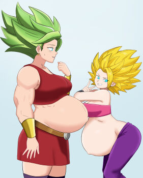 2girls absurdres arbrianarchy bare_shoulders blonde_hair blue_eyes bracer breasts caulifla dragon_ball dragon_ball_super earrings female_focus green_hair height_difference highres jewelry kale_(dragon_ball) large_breasts legendary_super_saiyan messy_hair multiple_girls muscular muscular_female navel pregnant simple_background spiked_hair strapless super_saiyan tall_female thighhighs tube_top v wickedatlas