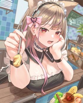 1girl animal_ears blush bow breast_rest breasts breasts_on_table brown_hair cleavage colored_inner_hair commentary_request food hair_bow hand_on_own_cheek hand_on_own_face head_rest highres holding holding_spoon incoming_food indoors juicy_korokke3 large_breasts long_hair looking_at_viewer maid maid_headdress mole mole_under_eye multicolored_hair nail_polish open_mouth original pink_bow pink_hair pink_nails pink_streaks pudding red_eyes ring_light_reflection shiny_skin solo spoon streaked_hair teeth two-tone_hair upper_teeth_only wrist_straps