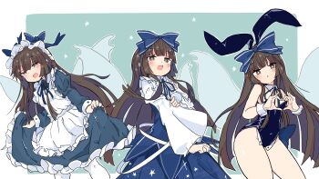 1girl absurdres alternate_costume animal_ears apron black_leotard blue_bow blue_dress blue_ribbon blush bow brown_eyes brown_hair commentary_request detached_collar dress enmaided fairy fairy_wings hair_bow heart heart_hands highres leotard long_hair long_sleeves looking_at_viewer maid maid_apron maid_headdress multiple_views neck_ribbon open_mouth pantyhose playboy_bunny rabbit_ears ribbon skirt_hold smile star_(symbol) star_sapphire strapless strapless_leotard tatutaniyuuto touhou very_long_hair white_apron white_pantyhose wide_sleeves wings wrist_cuffs