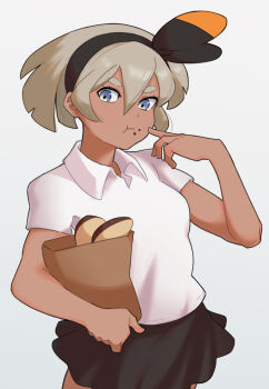 1girl :t bag bea_(pokemon) black_hairband black_skirt blonde_hair blue_eyes bow_hairband closed_mouth collared_shirt commentary eating eyelashes food food_on_face grey_background hair_between_eyes hairband hand_up highres holding looking_at_viewer nintendo paper_bag pokemon pokemon_swsh shirt short_hair short_sleeves skirt solo spottylen white_shirt