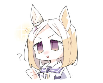 1girl :> :d ? animal_ears beer_hsk blonde_hair bow clenched_hand commentary_request forehead horse_ears narita_top_road_(umamusume) open_mouth parted_bangs parted_lips purple_eyes purple_shirt school_uniform shirt simple_background smile solo sparkle tracen_school_uniform triangle_mouth umamusume v-shaped_eyebrows white_background white_bow