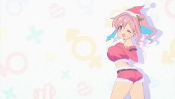 1girl alternate_costume animated anime_screenshot ass back belt black_belt blue_hair bouncing_ass bouncing_breasts breasts christmas collarbone copyright_name crop_top elbow_gloves gloves hand_on_own_chest hand_on_own_hip hat highres hozuki_kaede large_breasts looking_at_viewer multicolored_hair one_eye_closed onii-chan_wa_oshimai! open_mouth pink_eyes pink_hair red_gloves red_hat red_shorts ryona santa_hat short_shorts shorts side_ponytail sound subtitled thighs video wide_hips wink