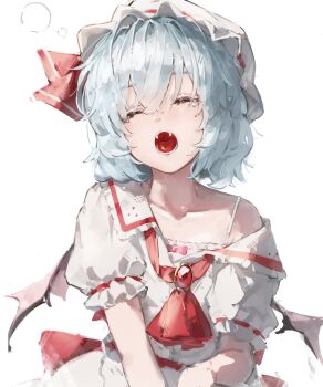 1girl absurdres ascot bat_wings blue_hair brooch camisole closed_eyes commentary dress frilled_hat frilled_sleeves frills fuunyon hair_between_eyes hat highres jewelry mob_cap puffy_short_sleeves puffy_sleeves red_ascot remilia_scarlet short_hair short_sleeves simple_background sleepy solo squeans touhou upper_body white_background white_camisole white_dress white_hat wings