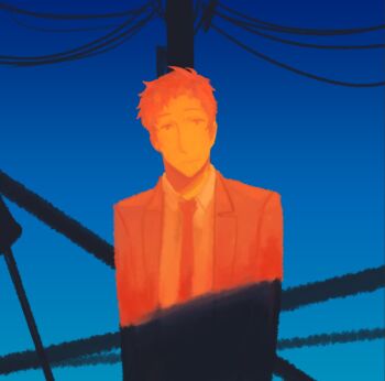 Rule 34 | 1boy, adachi tooru, beliadada, closed mouth, collared shirt, formal clothes, long sleeves, looking at viewer, male focus, necktie, persona, persona 4, shirt, short hair, solo, suit, upper body, utility pole