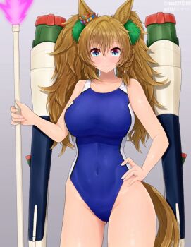 1girl animal_ears blast_impulse_gundam blast_onepiece_(umamusume) blue_one-piece_swimsuit breasts brown_eyes commentary_request competition_swimsuit covered_navel duster feather_duster grey_background gundam gundam_seed gundam_seed_destiny hand_in_pocket hand_on_own_hip horse_ears horse_girl horse_tail large_breasts long_hair m172/minatsu machinery one-piece_swimsuit pom_pom_(clothes) simple_background solo swimsuit tail two-tone_swimsuit umamusume