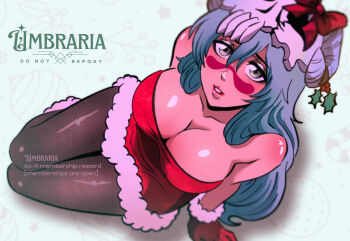 Rule 34 | 1girl, arm support, armpit crease, artist name, bare shoulders, black pantyhose, bleach, blue hair, bow, commentary, dress, from above, fur-trimmed dress, fur-trimmed gloves, fur trim, gloves, grey eyes, highres, looking at viewer, mistletoe, nelliel tu odelschwanck, pantyhose, parted lips, red bow, red dress, red gloves, red lips, shiny skin, short dress, sitting, skull on head, smile, solo, strapless, strapless dress, umbra (edits umbra), watermark