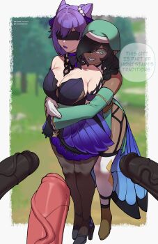 2girls 3boys artist_name black_hair blindfold bridal_veil commentary covered_eyes dark-skinned_female dark_skin detached_sleeves emma_(maybe_its_mayvi) english_commentary english_text genshin_impact gloves green_eyes green_lips green_sleeves grin hair_over_one_eye highres hug hug_from_behind keqing_(genshin_impact) keqing_(lantern_rite)_(genshin_impact) maybe_its_mayvi multiple_boys multiple_girls nun_headdress open_mouth original patreon_logo patreon_username pointy_ears purple_hair smile twitter_logo twitter_username veil white_gloves