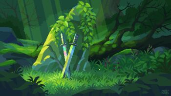 animated animated_gif artist_name bare_tree commentary english_commentary flower frog grass green_theme light_rays mini-moss nature no_humans original outdoors pixel_art purple_flower rock sword tree weapon