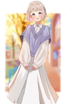 Rule 34 | 1girl, :d, blue eyes, blue ribbon, blue sweater, blurry, blurry background, blush, bob cut, border, braid, collared dress, commentary request, cowboy shot, dress, gakuen idolmaster, grey hair, hair ribbon, half up braid, highres, idolmaster, iroha 822, katsuragi lilja, layered sleeves, long dress, long sleeves, looking at viewer, open mouth, outdoors, outside border, puffy long sleeves, puffy sleeves, ribbon, ribbon braid, road, short hair, short over long sleeves, short sleeves, smile, solo, standing, street, sweater, white border, white dress