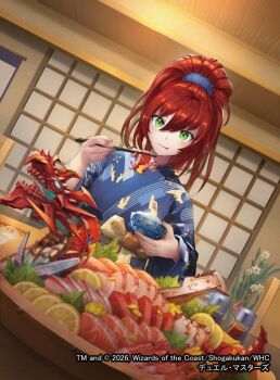 1girl 2026 bath_yukata blue_scrunchie bowl chopsticks closed_mouth commentary_request copyright_notice dragon_musume_ni_naritakunai! duel_masters dutch_angle fire fish_(food) flower food green_eyes hair_between_eyes hair_ornament hair_scrunchie high_ponytail holding holding_bowl holding_chopsticks indoors japanese_clothes jurako_ljuba kimono momose_hisashi official_art ponytail red_hair rice sashimi scrunchie shouji sliding_doors solo table white_flower yukata