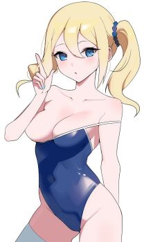 1girl absurdres alternate_costume arm_behind_back bare_shoulders bilingual_commentary blonde_hair blue_eyes blue_nails blue_one-piece_swimsuit blush breasts cleavage clothes_pull collarbone commentary convenient_arm covered_navel cowboy_shot double-parted_bangs eyelashes fuyukey groin gyaru hair_between_eyes hand_up hayasaka_ai highleg highleg_one-piece_swimsuit highres index_finger_raised kaguya-sama_wa_kokurasetai_~tensai-tachi_no_renai_zunousen~ large_breasts long_hair looking_at_viewer mixed-language_commentary nail_polish one-piece_swimsuit one-piece_swimsuit_pull parted_lips playing_with_own_hair side_ponytail sidelocks simple_background solo strap_slip swimsuit thighhighs white_background white_thighhighs