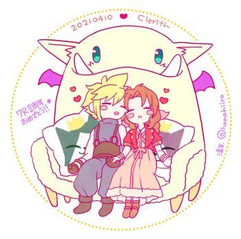 1boy 1girl 39cva aerith_gainsborough bangle bare_shoulders belt black_boots blonde_hair blue_pants blue_shirt blush_stickers boots bracelet braid braided_ponytail brown_belt brown_boots brown_hair cait_sith_(final_fantasy) cat chair character_pillow chibi chibi_only choker cloud_strife couple cropped_jacket dated dress drooling fangs fangs_out final_fantasy final_fantasy_vii final_fantasy_vii_remake full_body hair_between_eyes hair_ribbon hetero holding_hands jacket jewelry long_dress long_hair moogle mouth_drool pants parted_bangs parted_lips pink_dress pink_ribbon red_jacket ribbon ship_name shirt short_hair short_sleeves sidelocks sitting sleeveless sleeveless_turtleneck spiked_hair suspenders turtleneck twitter_username white_background