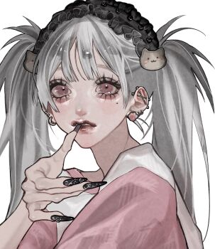 1girl aegyo_sal biting black_nails cat_hair_ornament crying crying_with_eyes_open hair_ornament hand_up headdress highres kasahara_iji looking_at_viewer mole mole_under_eye nail_biting original parted_lips pink_eyes pink_shirt shirt short_twintails sidelocks solo tears twintails two-tone_shirt upper_body white_hair white_shirt wide-eyed