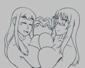 2girls azugarosu bare_shoulders breasts closed_eyes closed_mouth collarbone completely_nude glasses greyscale heart heart_hands huge_breasts k-on! kotobuki_tsumugi long_hair looking_at_viewer monochrome multiple_girls nude open_mouth sketch smile thick_eyebrows yamanaka_sawako