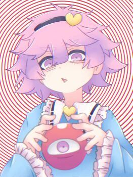 Rule 34 | 1girl, black hairband, blue shirt, frilled skirt, frills, hair between eyes, hair ornament, hairband, hashtag-only commentary, heart, heart hair ornament, highres, iron-akutabi, komeiji satori, looking at viewer, messy hair, purple eyes, purple hair, shirt, short hair, skirt, solo, third eye, touhou