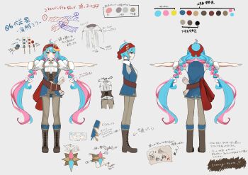 1girl absurdres aqua_eyes aqua_hair belt blush boots brown_belt brown_boots brown_pants closed_mouth color_guide commentary_request corset full_body grey_background hatsune_miku highres long_hair map multicolored_hair multiple_views pants pink_hair reference_sheet shirt smile t-pose translation_request twintails two-tone_hair umi_1125peinter very_long_hair vocaloid white_shirt