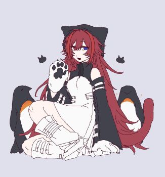 1girl ???_(assault_lily) ahoge animal animal_ears animal_hands arm_at_side assault_lily bare_shoulders bird black_dress black_hat blue_eyes boots cat_ears cat_girl cat_tail commentary detached_sleeves dress full_body gatti_love gloves grey_background hair_between_eyes hand_up hat heterochromia highres kemonomimi_mode knee_boots knee_up long_hair long_sleeves looking_at_viewer no_pupils open_mouth paw_gloves penguin red_eyes red_hair simple_background sitting sleeveless sleeveless_dress solo symbol-only_commentary tail two-tone_dress very_long_hair white_boots white_dress white_gloves
