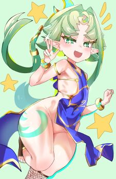 1girl :d armlet bangle bare_hips bare_shoulders blue_dress blush bracelet covered_navel dress fang fishnet_socks fishnets flat_chest green_background green_eyes green_hair green_nails hair_intakes jewelry kurosu169 kyojiri_loli leg_tattoo loli long_hair looking_at_viewer nail_polish naked_tabard no_panties open_mouth original pelvic_curtain pointy_ears simple_background single_thighhigh skin_fang smile socks solo standing standing_on_one_leg star_(symbol) tabard tattoo thick_eyebrows thighhighs thighs toenail_polish toenails w